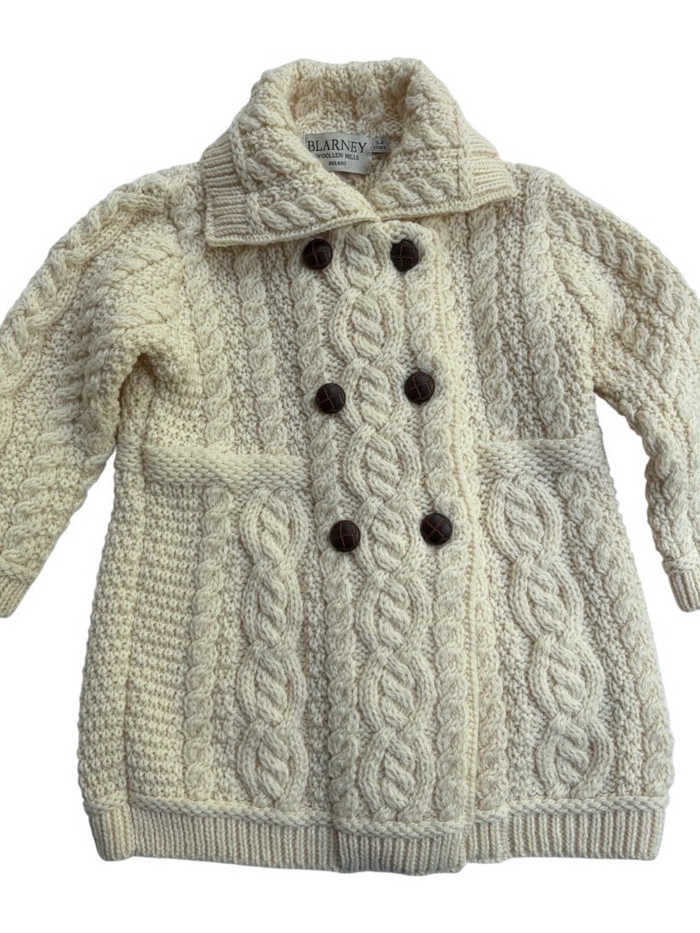 Double Breasted Aran 100% Wool  Kids Coat From Blarney woolen Mills Sz 3-4 Years
